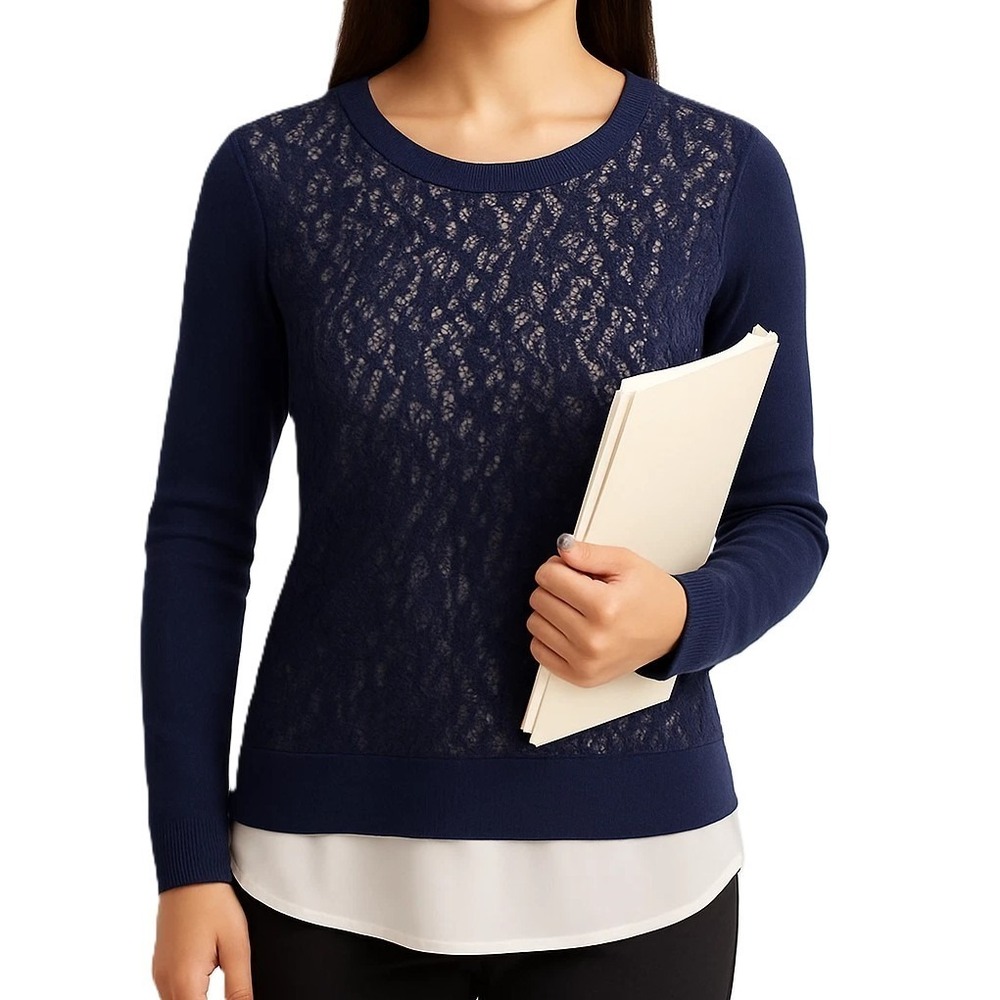 Simply Vera Vera Wang Navy Lace Front Sweater Layered Hem Career Blouse M